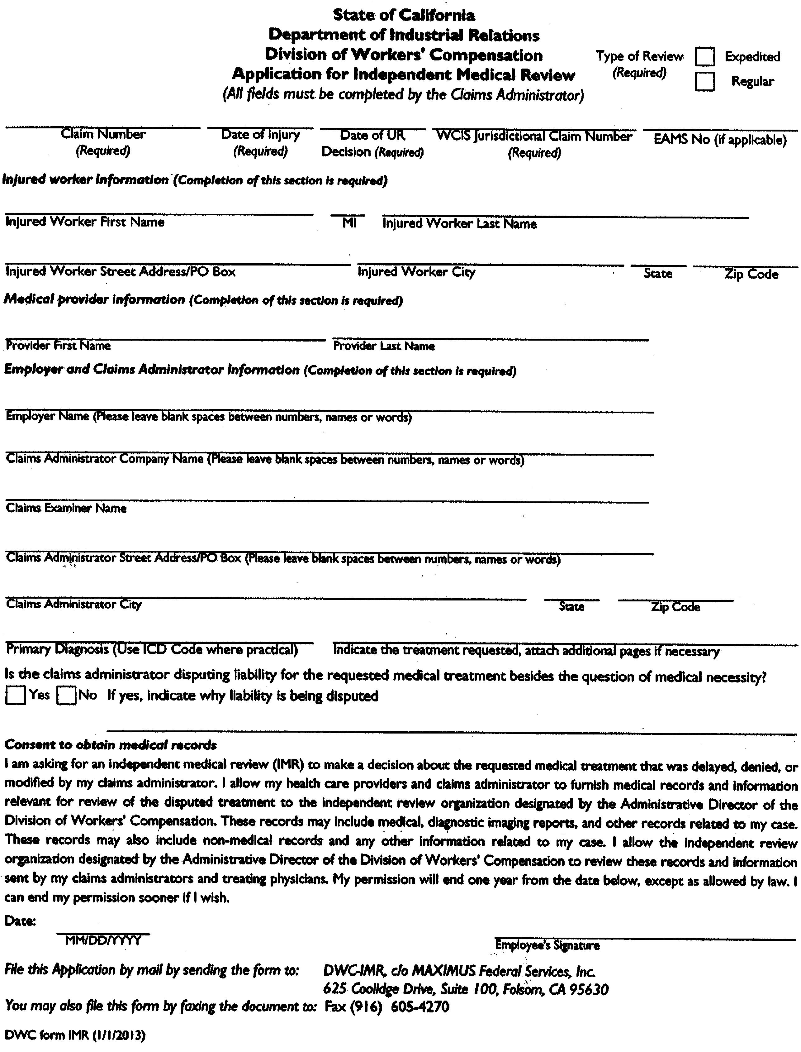 Image 1 within § 9792.10.2. Application for Independent Medical Review, DWC Form IMR.